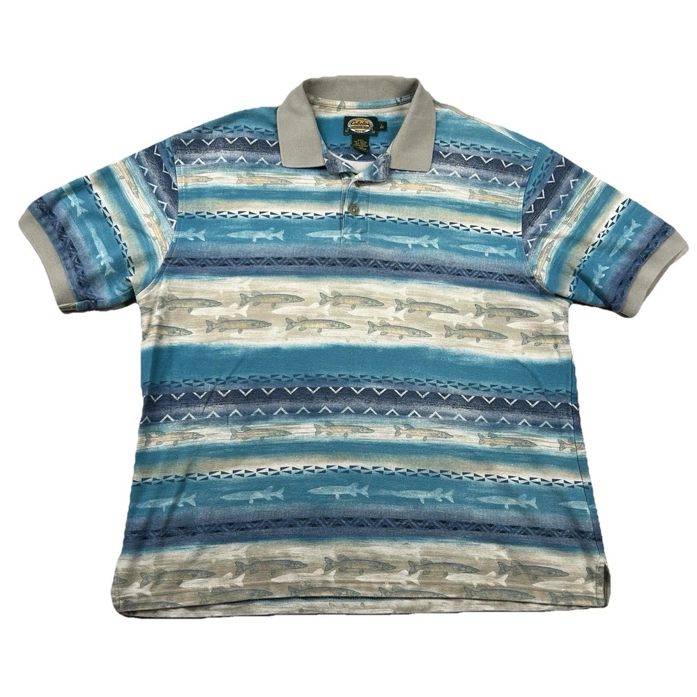 Vintage Cabela's Shirt Mens L Polo All Over Print Fish Nature Outdoors Canada